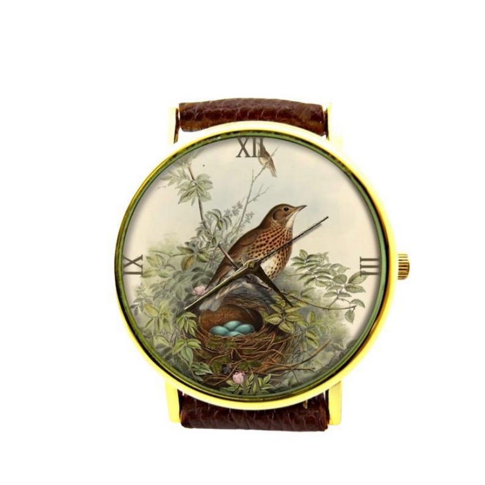 Unique Watch With a Bird and Her Nest Photo on Dial & Genuine Leather Band (1 of 2)