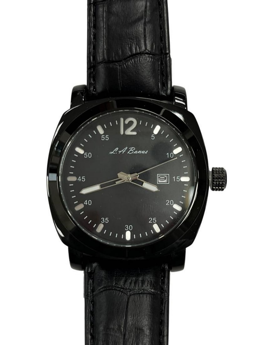 Mens L.A Banus Midnight Black Gloss Finish & Genuine Leather Band Watch (1 of 2)