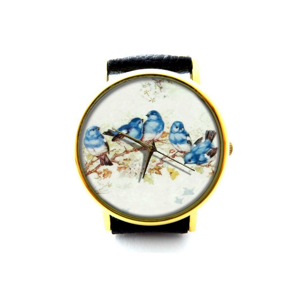 Unique Watch With Blue Birds on Dial and Genuine Leather Band (1 of 2)