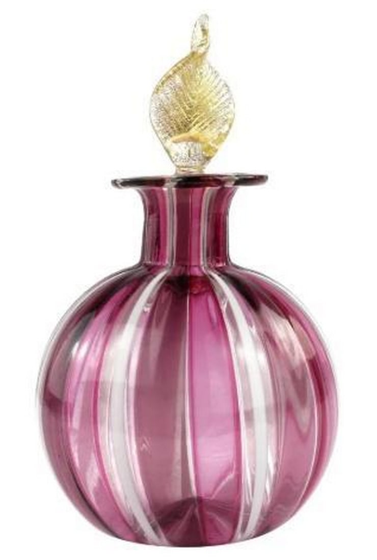 Dream In Pink Murano Glass Perfume Bottle: Dream In Pink Murano Glass Perfume Bottle. This is a beautifully crafted Murano glass perfume bottle, featuring delicate pink and white stripes that evoke a sense of elegance and serenity. Its circula