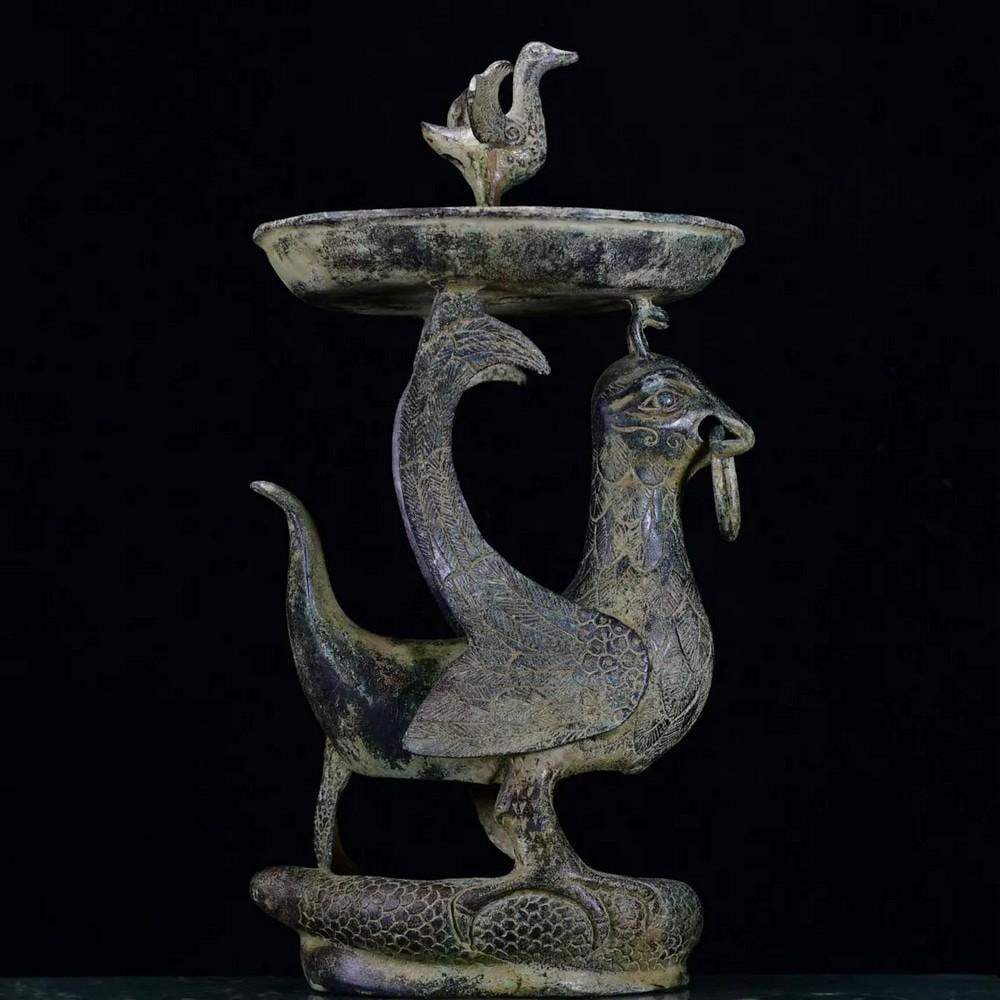 Antique Chinese Bronze Suzaku Lamp Statue Ornament (1 of 9)
