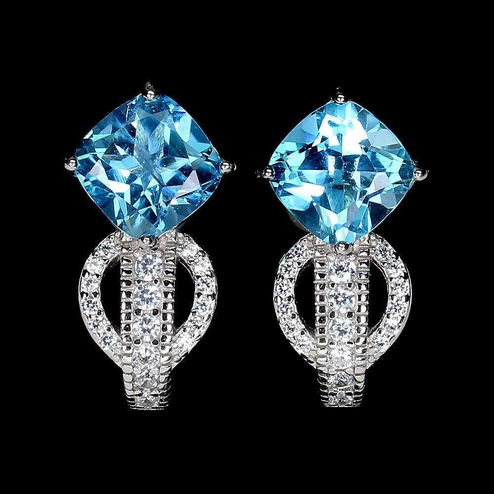 Cushion Cut Swiss Blue Topaz and Cz Gemstone 925 Silver Stud Earrings (1 of 3)