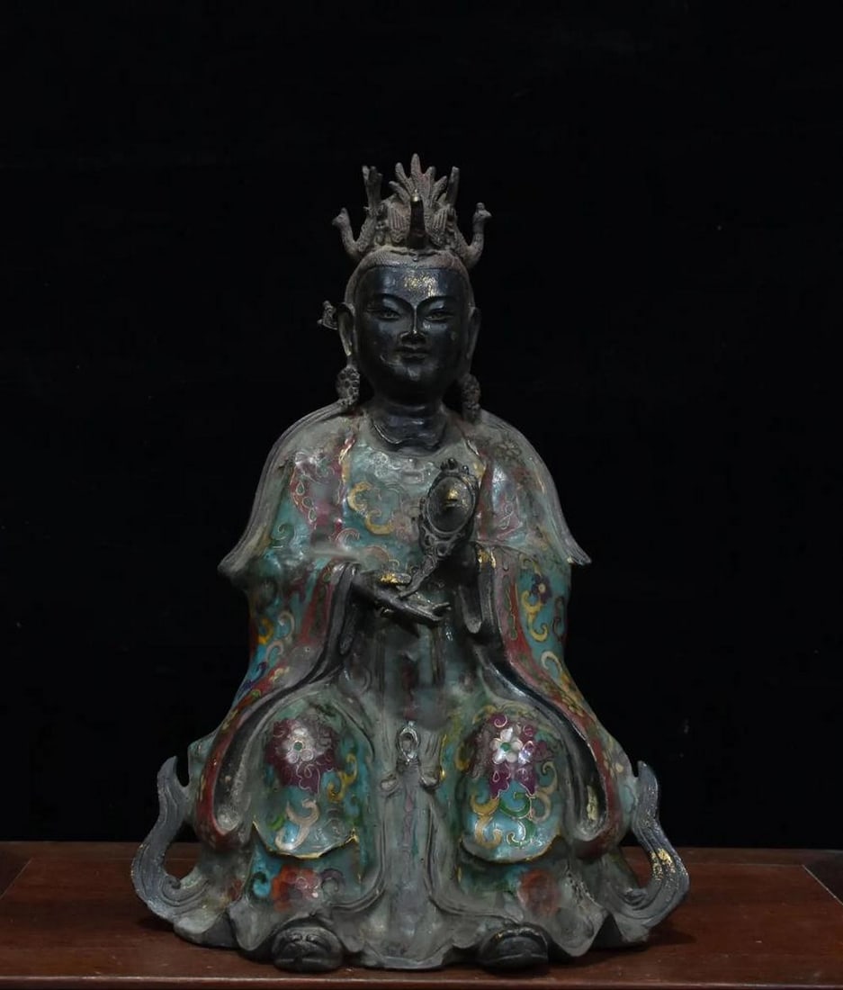 Chinese Antique Handmade Pure Copper Cloisonné Peacock Mother Guanyin Buddha Statue (1 of 5)