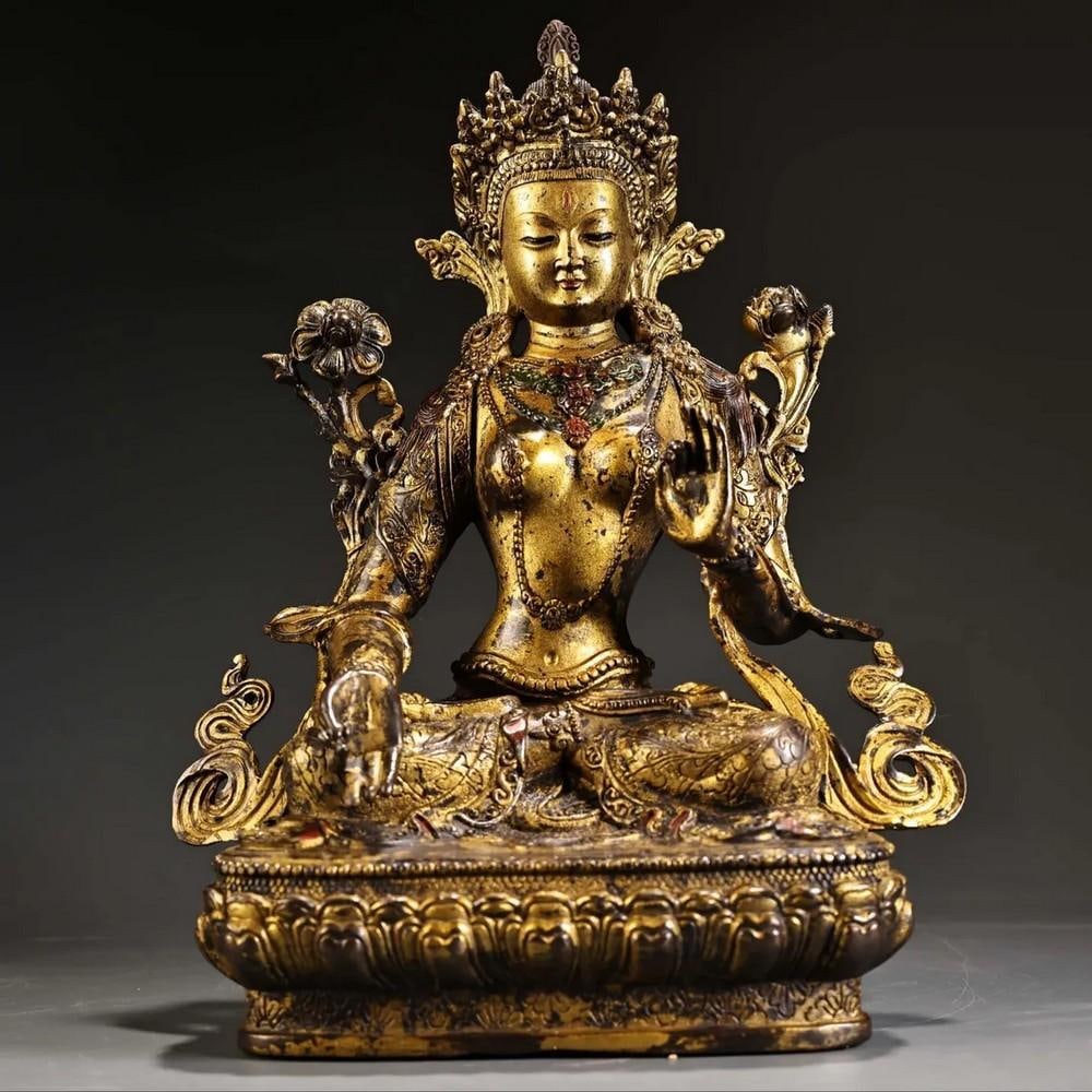 Antique Chinese Pure Copper High Relief White Tara Buddha Statue (1 of 8)