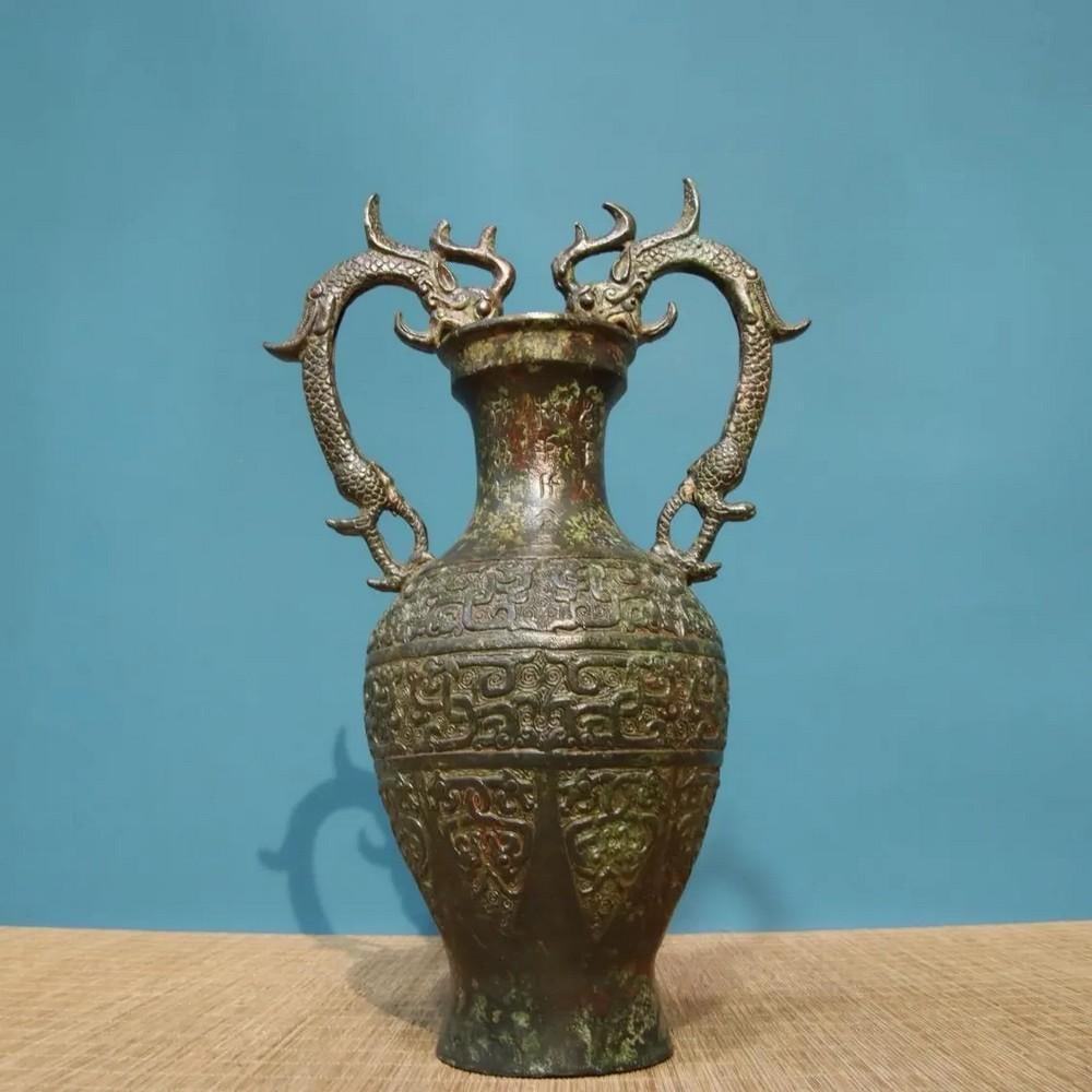 Chinese Handmade Bronze Inscribed Double Dragon Bottle Statue (1 of 8)