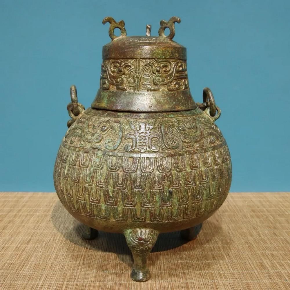 Antique Chinese Bronze Inscribed Chain-Handle Jar Ornament (1 of 8)
