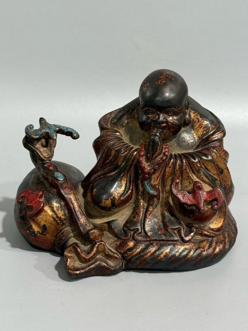 Antique Chinese Handcrafted Pure Copper Maitreya Buddha Statue: Antique Chinese Handcrafted Pure Copper Maitreya Buddha Statue This rare and exquisite Maitreya Buddha statue is handcrafted from pure copper in China. Dating from the 19th century, the piece reflects