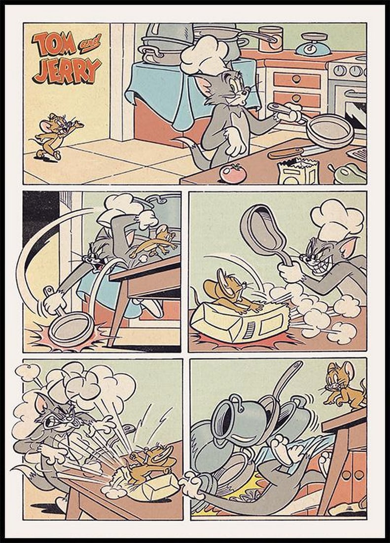 Tom & Jerry Comic Style Retro Wall Art Poster Print: Tom & Jerry Comic Style Retro Wall Art Poster Print Retro print of Tom & Jerry™ from a series where Tom tries to catch Jerry, only for it to backfire. A charming and humorous addition to a