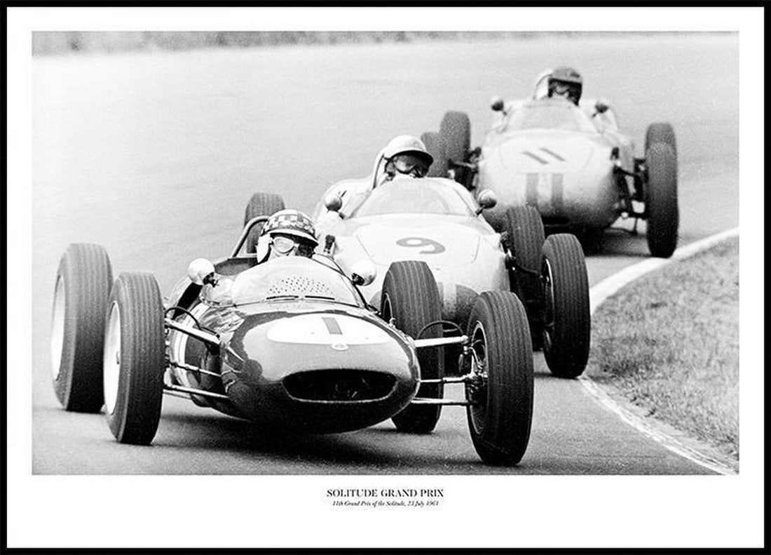 Black & White Grand Prix Retro Art Poster Print: Black & White Grand Prix Retro Art Poster Print Black and white vintage photograph of a Grand Prix race featuring the text "Solitude Grand Prix 11th Grand Prix of the Solitude, 23 July 1961.&#