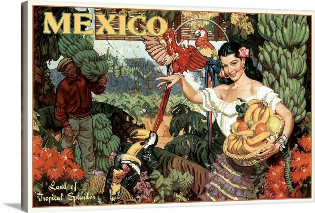 Mexico – Vintage Travel Advertisement Canvas Print: Mexico – Vintage Travel Advertisement Canvas Print Celebrate the spirit of travel with this vibrant vintage poster highlighting Mexico as a colorful destination. Featuring bold hues and dynamic