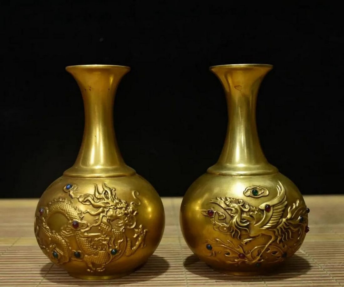Pair of Chinese Antique Handmade Pure Copper Vases Inlaid with Gemstones - Dragon and Phoenix Design (1 of 6)