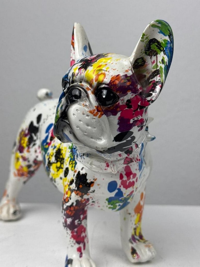 Splatter Pop French Bulldog - Modern Art Piece: Splatter Pop French Bulldog - Modern Art Piece Full of charm and attitude, this French Bulldog sculpture features a vibrant splatter design inspired by modern pop art. Crafted from durable resin with
