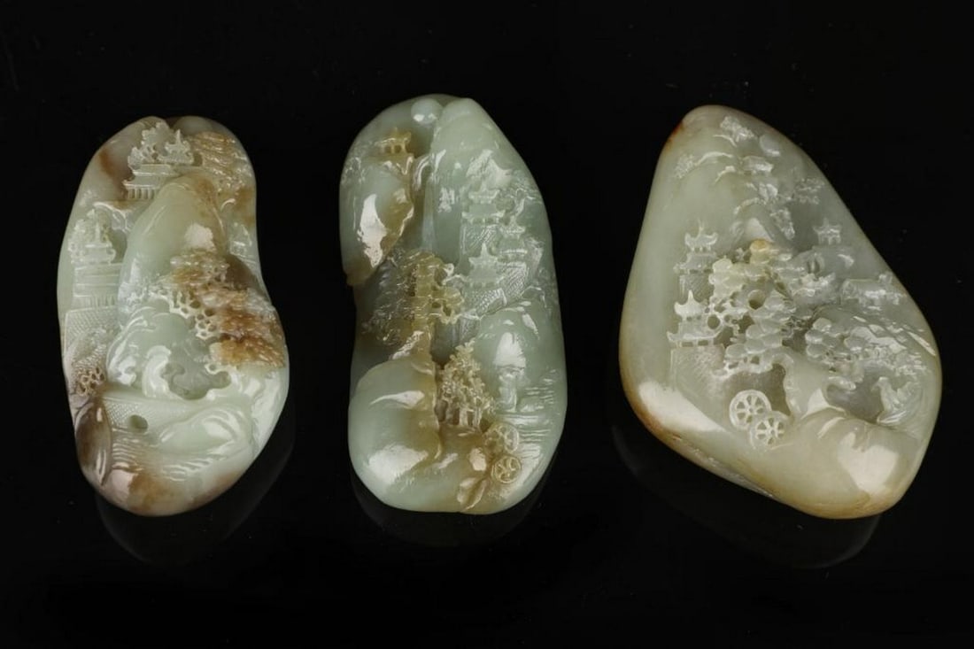 Inspired Qianlong 16th Year Imperial Garden View Jade Sculptures Set: Inspired Qianlong 16th Year Imperial Garden View Jade Sculptures Set An exquisite set of jade sculptures inspired from the 16th year of Emperor Qianlong's reign, depicting an intricate Imperial