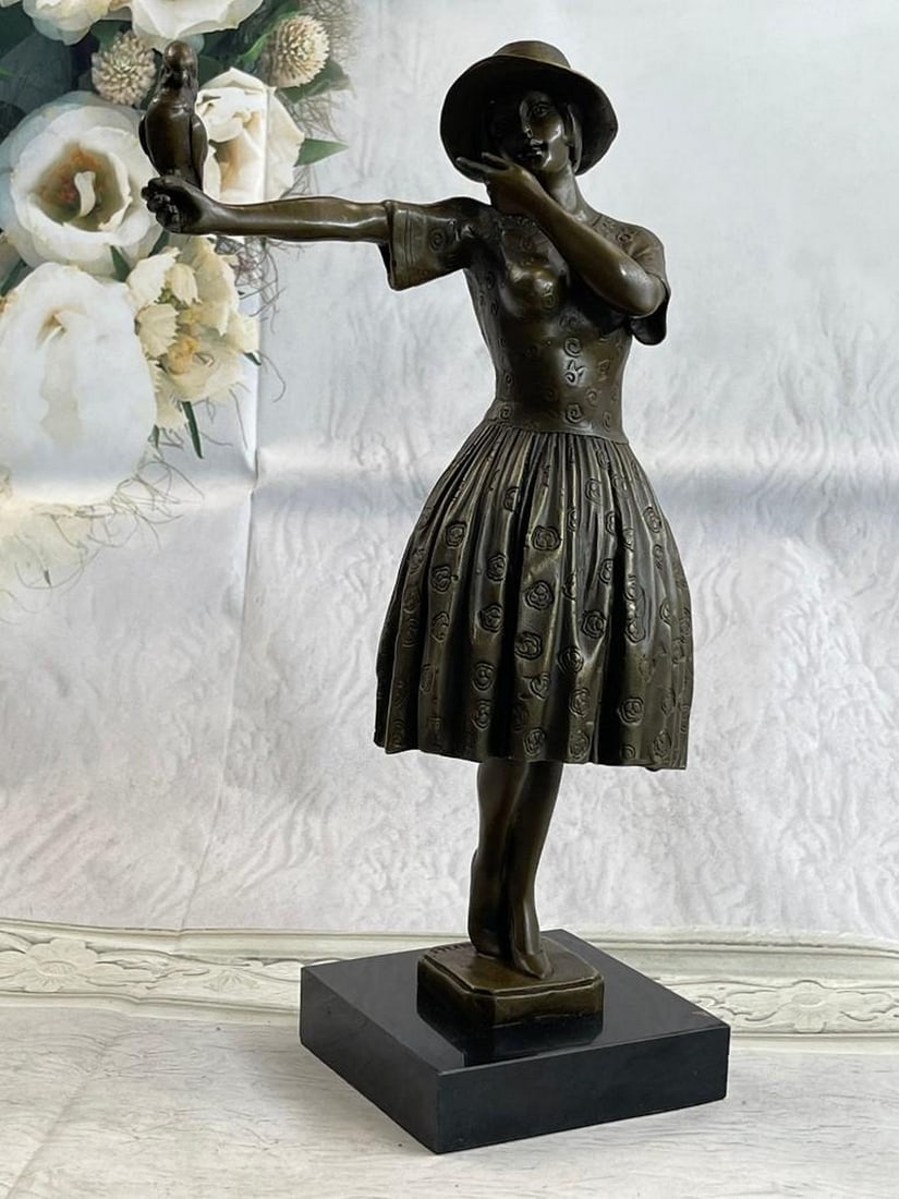 Elegant Young Lady Holding a Bird on her Outstretched Arm Bronze Statue (1 of 4)