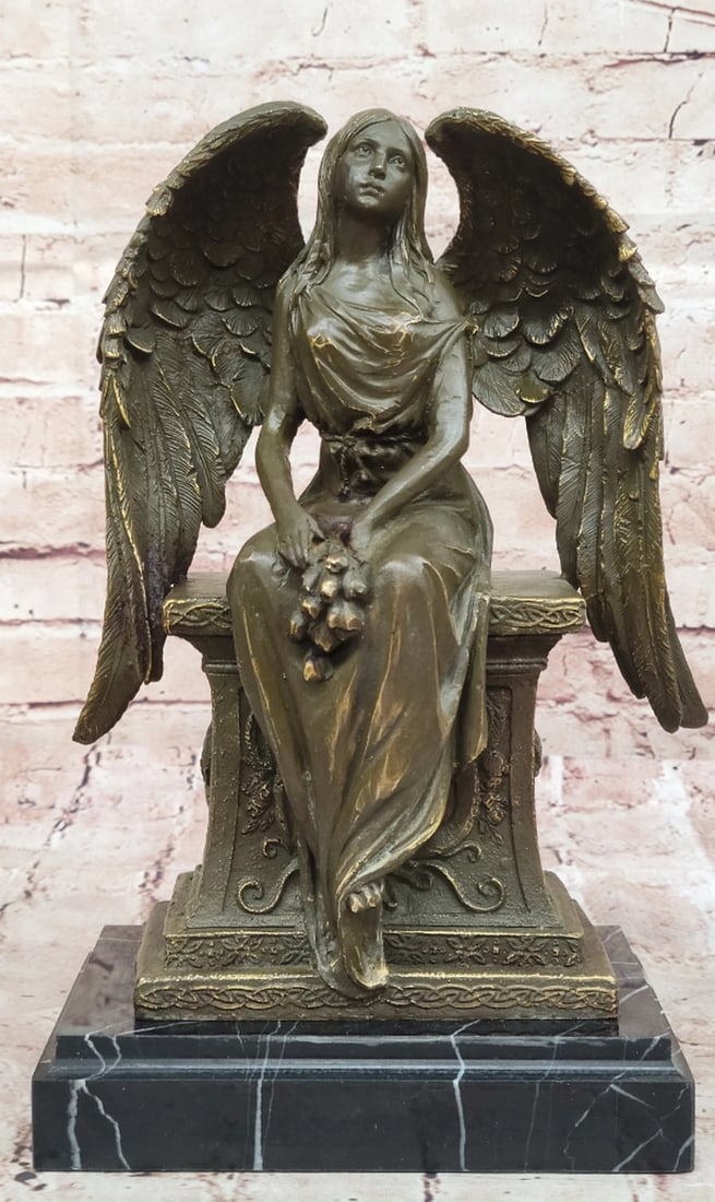 Seated Angel Holding Flowers Inspired Bronze Statue - 11.5" x 8" (1 of 6)