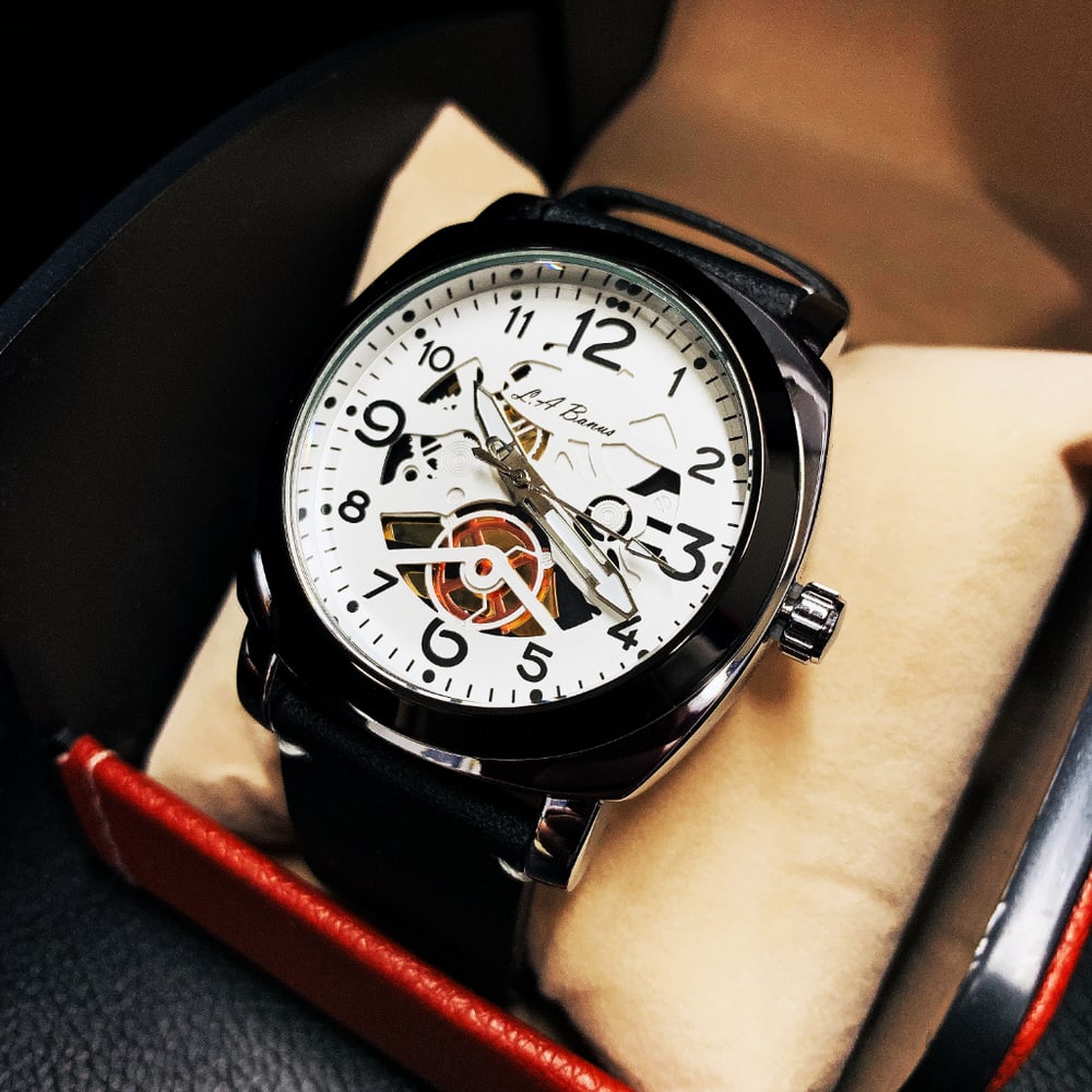 Mens L.A Banus Formal White Skeleton Chronograph Genuine Leather Band Watch (1 of 3)