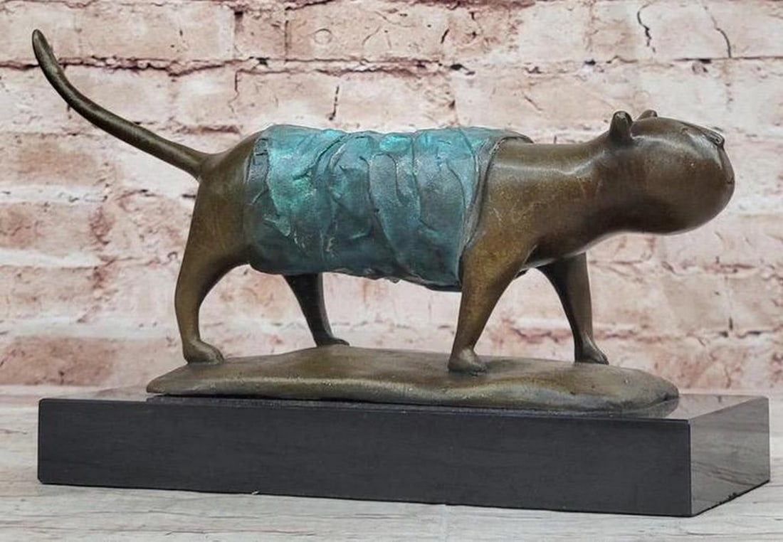 The Cat of Botero Inspired Bronze Bronze Sculpture on Marble Base with Green Patina - 7" x 11" (1 of 7)