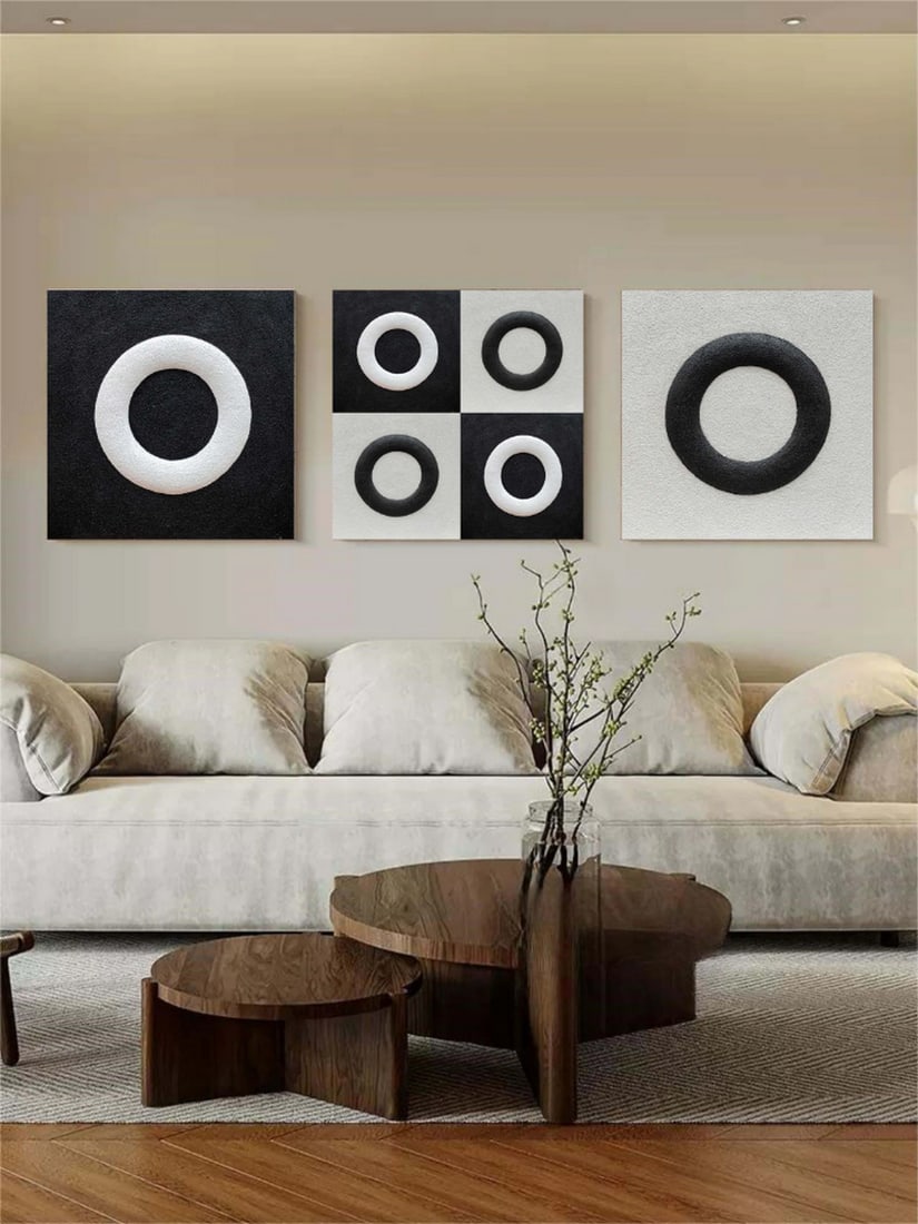 Set of 3 Abstract Monochromatic Circles Original Canvas Painting: Set of 3 Abstract Monochromatic Circles Original Canvas Painting A striking set of three canvas paintings featuring abstract monochromatic circles. Textured brushwork and subtle gradients bring modern