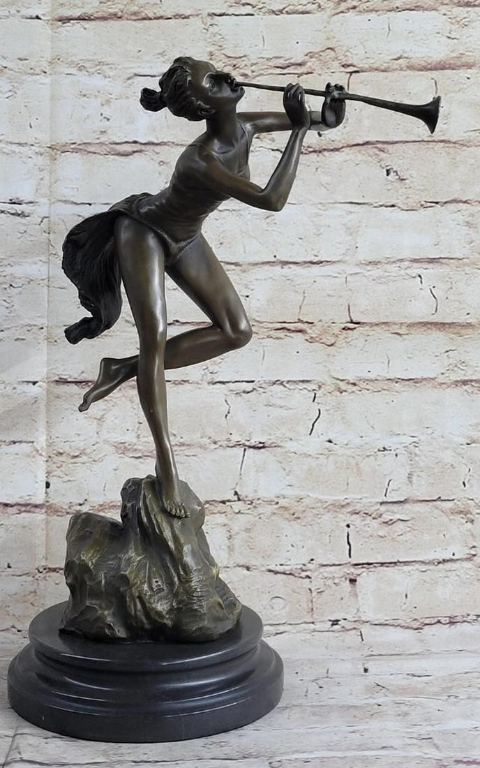 Original Vitaleh Instrumental Wood Nymph Playing Flute Bronze Sculpture - 13lbs: Sexy Wood nymph is singing and dancing positively elated with the sounds of the flute and beauty of the forest. The woman squats low to the ground and blows into her instrument as she clapping to the 