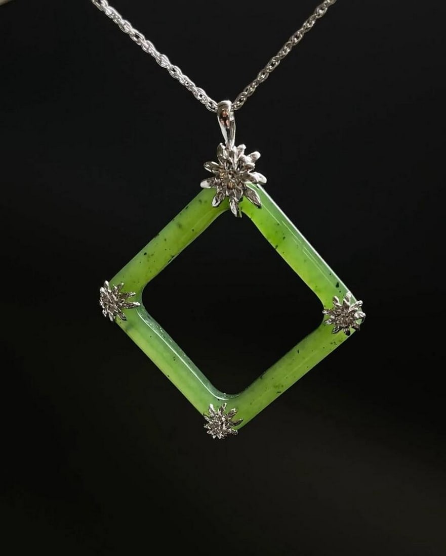 Canadian Nephrite Jade Square Pendant Embellished With Sterling Silver Flowers (1 of 2)