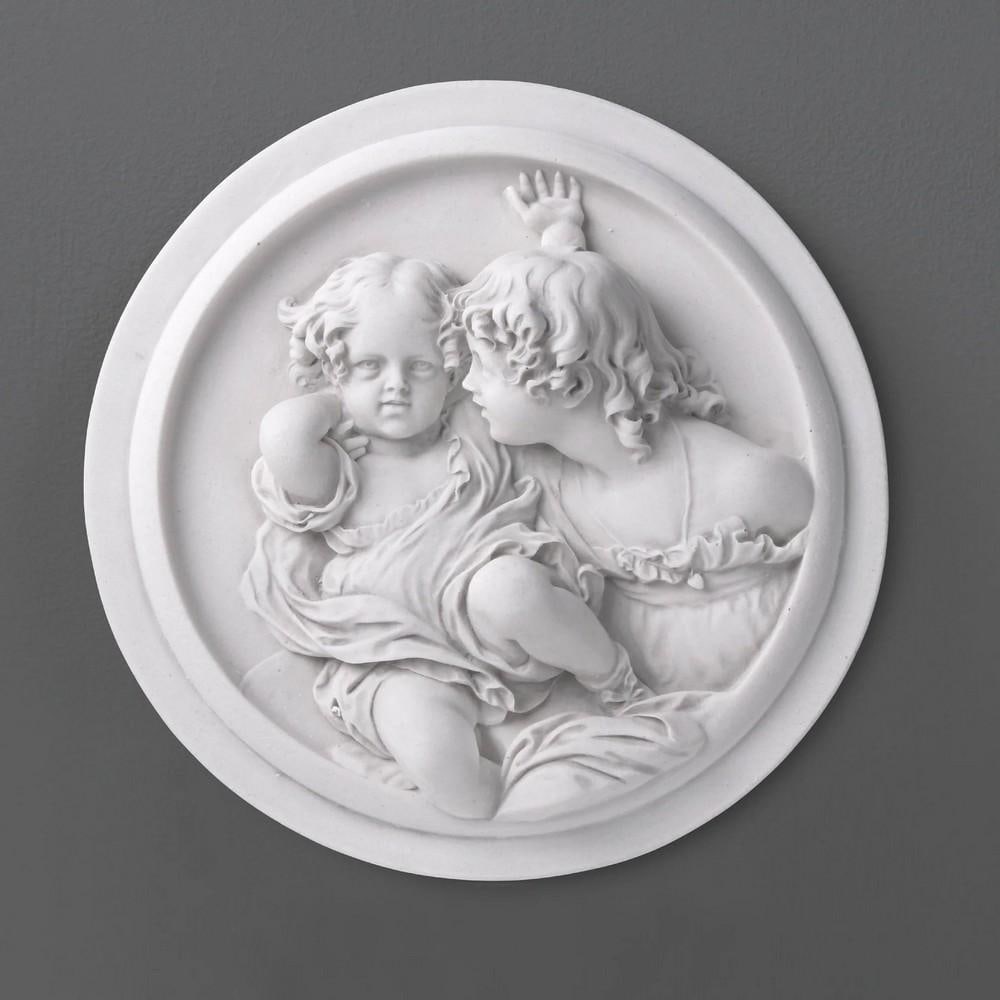 "Two Children at Play" - Carrara Marble Bas-Relief - (2.2lbs): "Two Children at Play" - Carrara Marble Bas-Relief - (2.2lbs) A timeless bas-relief inspired by Edward Wyon’s 1848 work, based on The Calmady Children. Cast in 90% white Carrara marble and hand-fini