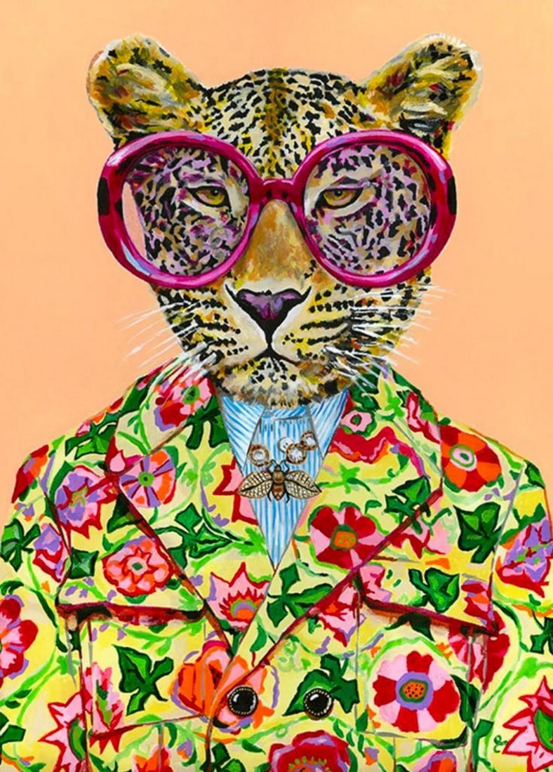Artsy Leopard Dressed Up Poster: Artsy Leopard Dressed Up Poster Poster of a leopard wearing pink glasses, a blue shirt and a flower-patterned jacket on an orange background. Artist: Heather Perry Dimensions: 20" x 28" View P