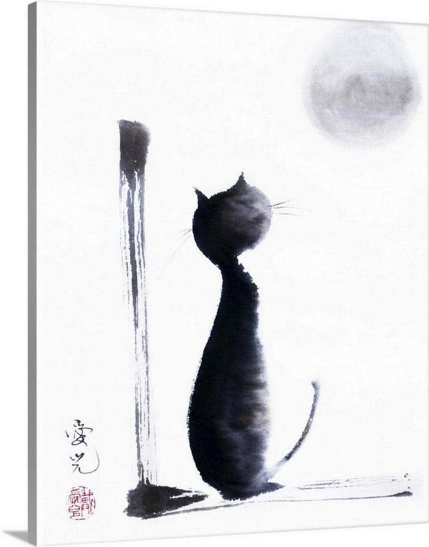 Tomorrow Will Be a Better Day - Canvas Reproduction by Oi Yee Tai: Tomorrow Will Be a Better Day - Canvas Reproduction by Oi Yee Tai Tomorrow Will Be a Better Day is a serene sumi-e painting on rice paper depicting a cat gazing up at the moon. The delicate brushwork