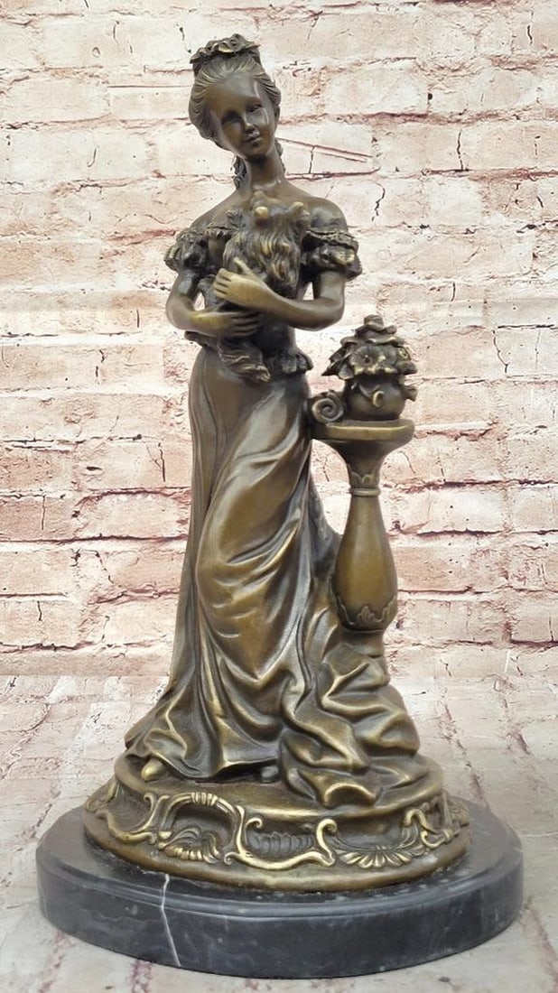 French Victorian Lady with Dog Bronze Sculpture by Miguel Lopez - 16" x 8.5": French Victorian Lady with Dog Bronze Sculpture by Miguel Lopez - 16" x 8.5" This charming bronze sculpture beautifully depicts a French Victorian-style lady tenderly holding her beloved dog, 