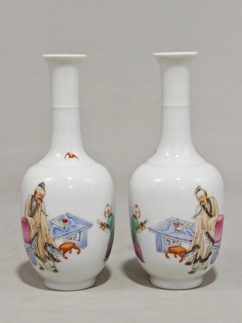 Famille Rose Figural Long Neck Bottle, Firewood Kiln: Famille Rose Figural Long Neck Bottle, Firewood Kiln A finely crafted famille rose porcelain long neck bottle, fired in a traditional firewood kiln. The body is richly decorated with vivid figural sce