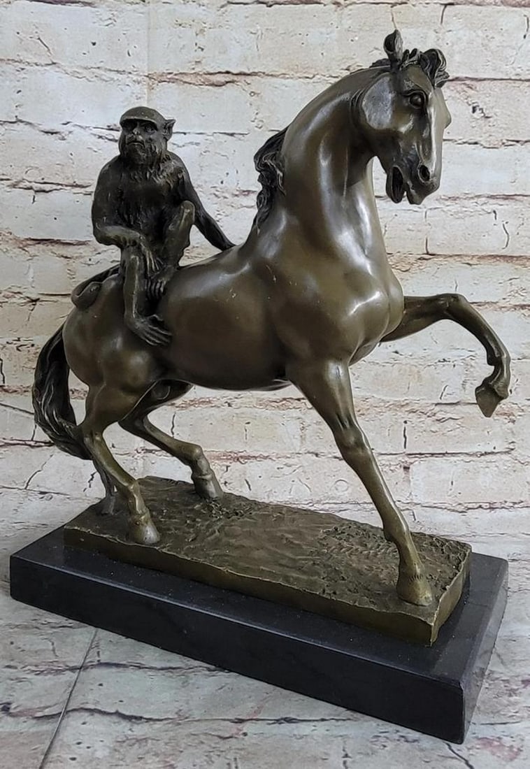 Original Bronze Horse and Monkey Sculpture by Milo - 13" x 13": Original Bronze Horse and Monkey Sculpture by Milo - 13" x 13" Crafted by the esteemed artisan Milo, this statue pays homage to the enduring companionship between humans and horses throughout 