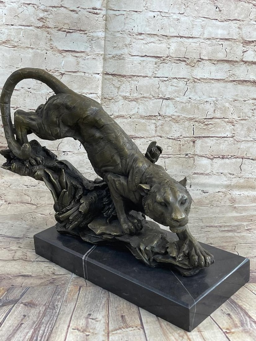 Bugatti Inspired Hunting Tiger Bronze Sculpture On Marble Base - 13" x 18": Bugatti Inspired Hunting Tiger Bronze Sculpture On Marble Base - 13" x 18" A predator among predators, the tiger is a powerful and magnificent creature. They travel alone and have pay no alleg
