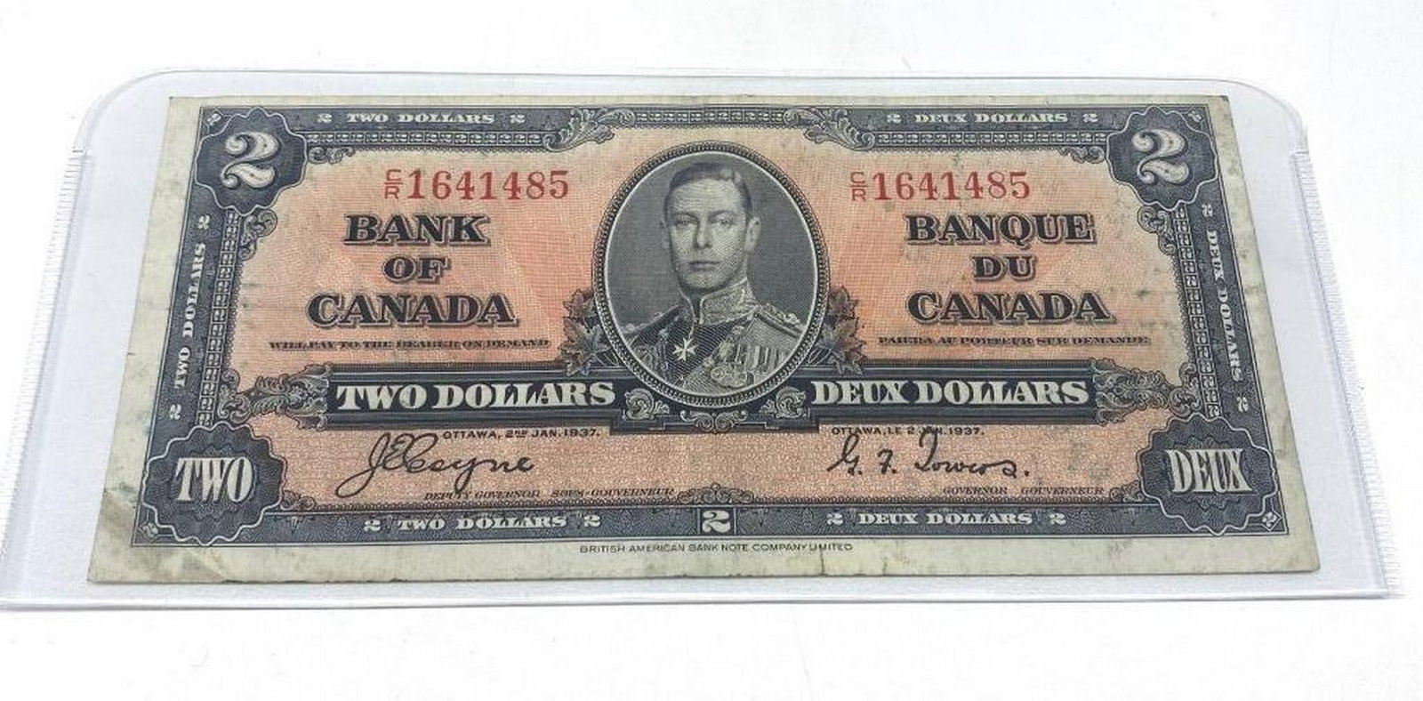 1937 Bank Of Canada $2 Bank Note - CR1641485: 1937 Bank Of Canada $2 Bank Note - C/R 1641485 - J.E. Coin & Towers. Please View Photos For More Details.