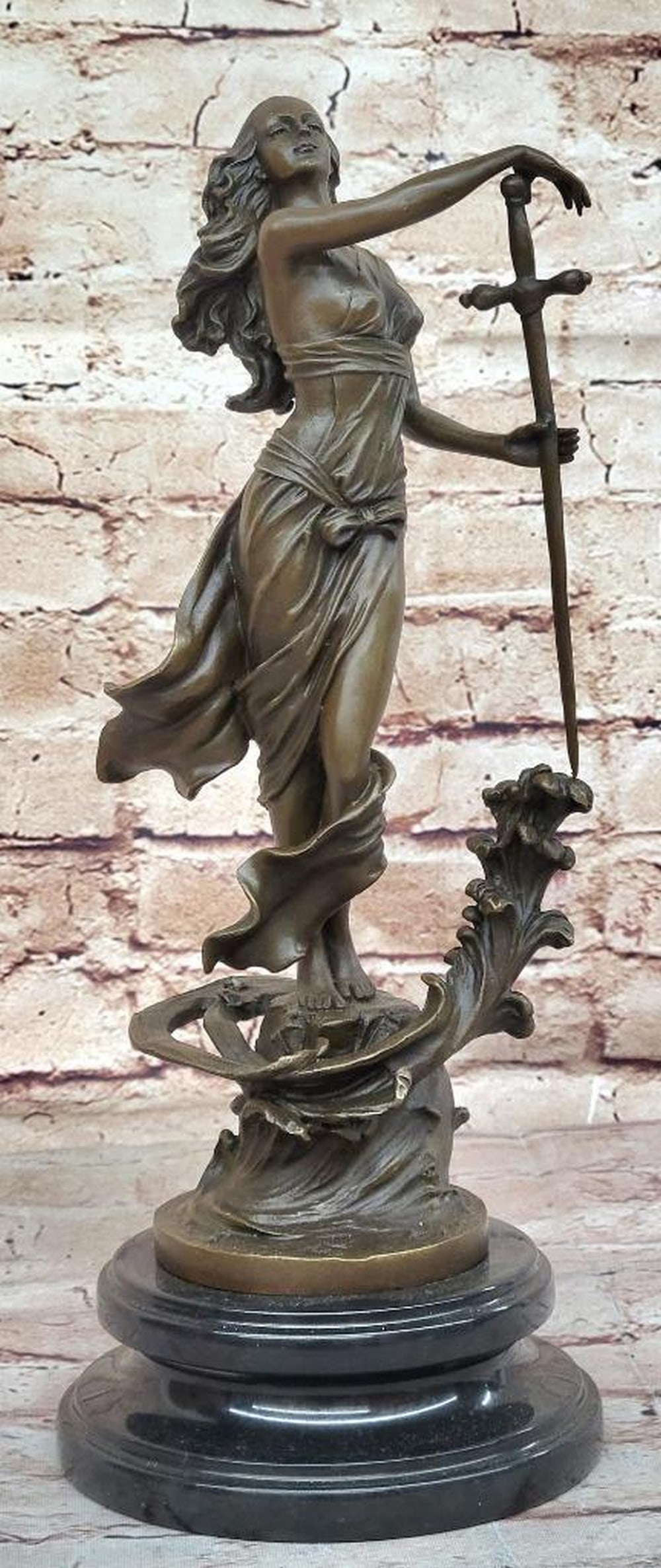 Greek Mythology Warrior Girl with Sword Bronze Statue by Aldo Vitaleh – 14" x 8": Greek Mythology Warrior Girl with Sword Bronze Statue by Aldo Vitaleh – 14" x 8" This original bronze sculpture depicts a Greek warrior girl in a contrapposto pose, with flowing robes and de