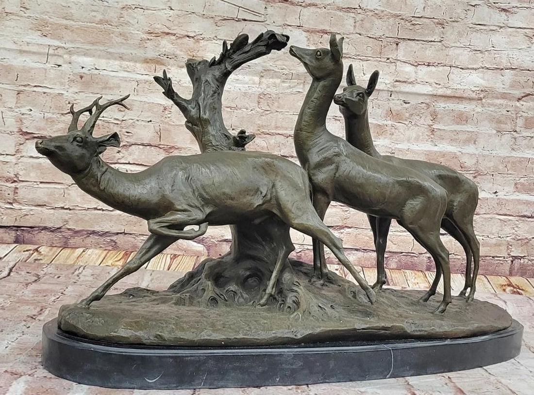 Majestic Stag and Deer Bronze Sculpture Inspired by Fiot - 16.5" x 25": Majestic Stag and Deer Bronze Sculpture Inspired by Fiot - 16.5" x 25" This commanding bronze sculpture by Fiot captures the grace and nobility of a stag and two female deer in exquisite detai