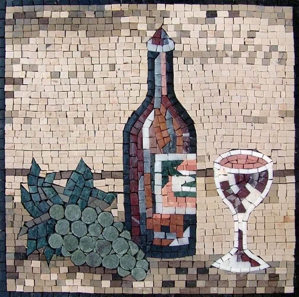Wine Mosaic Mural – Bicchiere di Vino: Wine Mosaic Mural – Bicchiere di Vino A handcrafted mosaic depicting a wine glass surrounded by grapevines and clusters of grapes. Made from natural stones in rich burgundy, green, and golden tones,