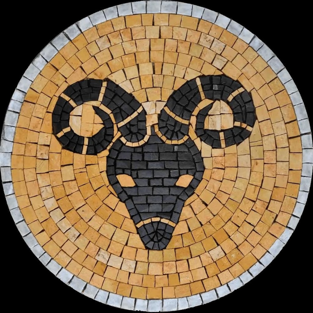 Aries Horoscope Mosaic Art: Aries Horoscope Mosaic Art A handcrafted mosaic featuring the Aries zodiac symbol in a medallion-style design. Made from natural stone tiles, each piece is carefully arranged to reflect the bold and d