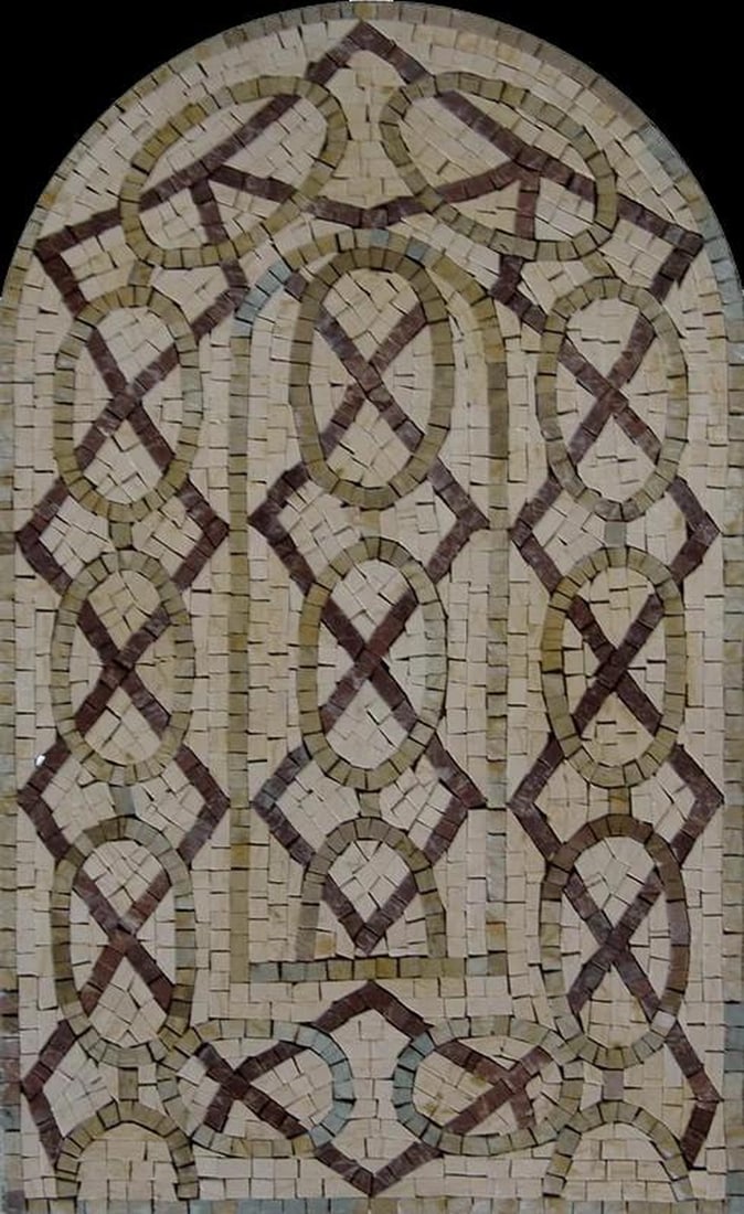 Arched Marble Mosaic: Arched Marble Mosaic A handcrafted arched marble mosaic featuring an elegant arrangement of ovals, arches, and diamond shapes. Made from natural marble tiles in warm terracotta, tan, and ivory tones, 