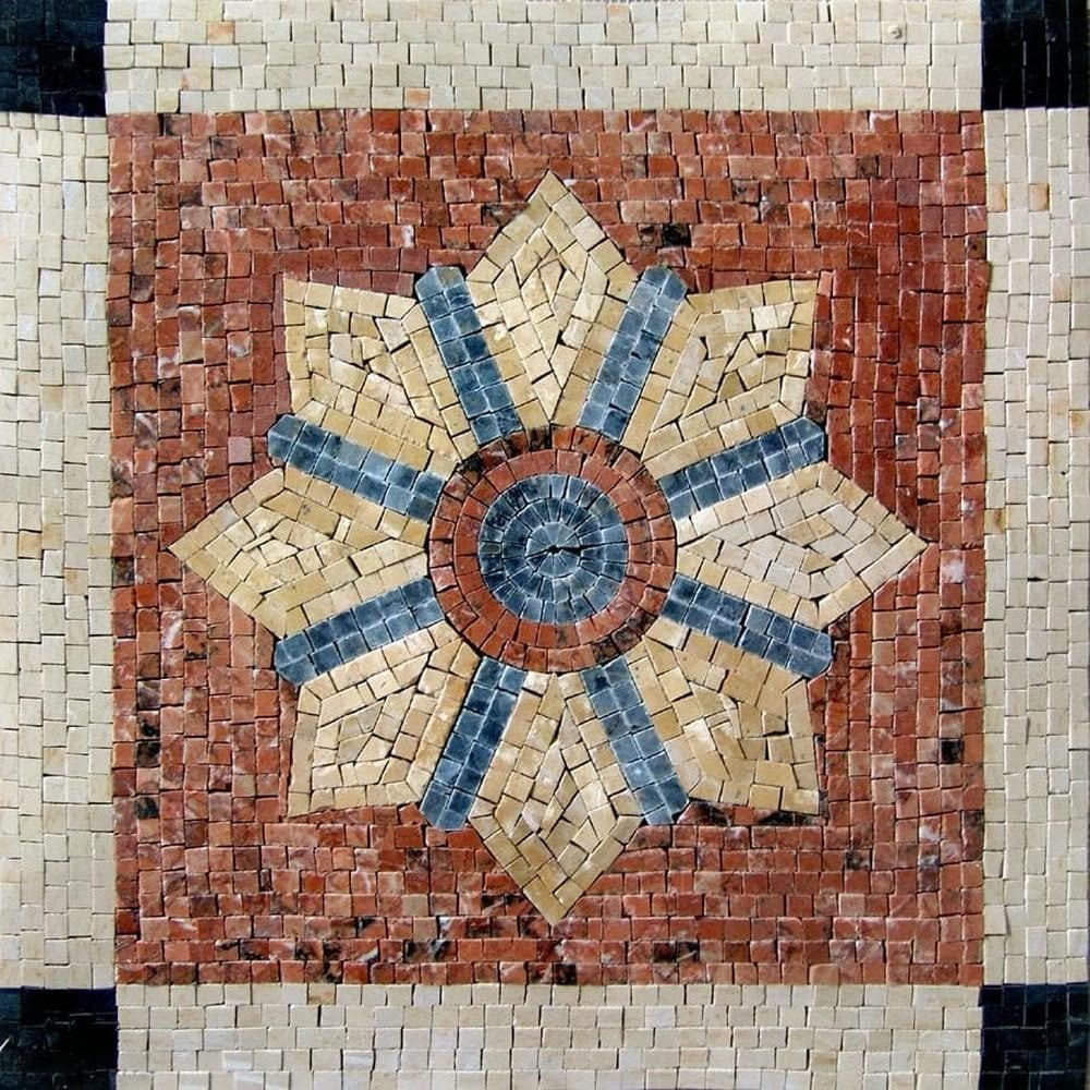 Rosette Mosaic Tile: Rosette Mosaic Tile A handcrafted mosaic made from natural stone, featuring a decorative rosette design. The piece highlights carefully arranged tiles that create a textured and visually engaging