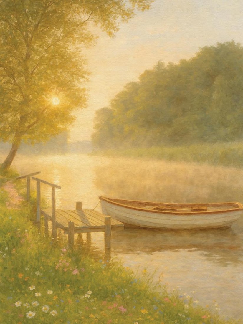 Tranquil Summer Print Poster: Tranquil Summer Print Poster A peaceful poster depicting a white boat moored by a river dock, surrounded by trees under a warm summer sky. The serene scene adds a calming and scenic touch to any space
