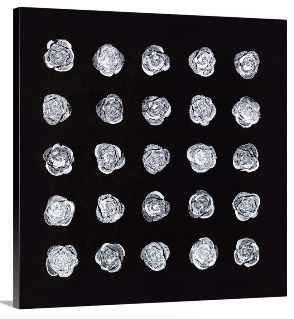 Rows of Roses Canvas Reproduction - 20''x20'': Rows of Roses Canvas Reproduction - 20" x20" This captivating black canvas is adorned with pristine rows of white roses, creating a visually striking and elegantly minimalistic composition. Dime