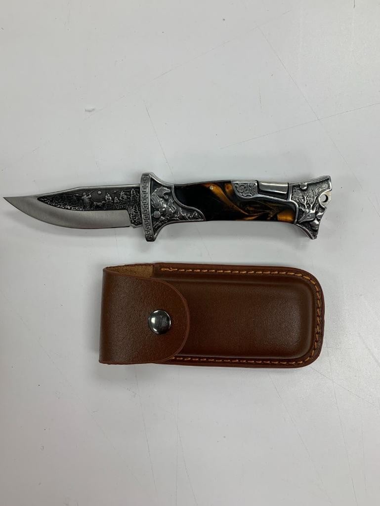 9'' Solid Steel Folding Hunting Knife With Leather Sheath (1 of 5)