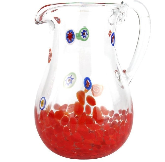 Allegro Pitcher - Murano Glass with Stains: Allegro Pitcher - Murano Glass with Stains This carafe is crafted using glassblowing techniques, featuring murrina decorations and macete-small pieces of glass that add vibrant colors. Ideal for every