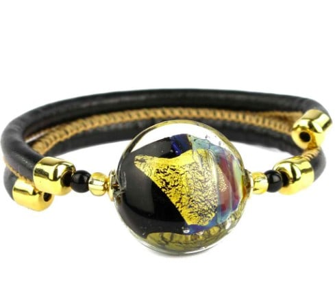 Gold Age Bracelet - Chalcedony Murano Glass: Gold Age Bracelet - Chalcedony Murano Glass This bracelet is crafted using the lampworking technique, with each bead individually shaped. The molten glass beads are adorned with vibrant colors and lay