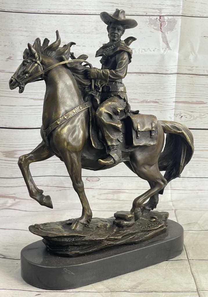 Rearing Horse Gunslinger Inspired Bronze Cowboy Sculpture Signed by Kamiko - 13.5'' x 12'': Rearing Horse Gunslinger Inspired Bronze Cowboy Sculpture Signed by Kamiko - 13.5" x 12" Step into the Wild Wild West with this captivating bronze sculpture that brings to life the spirit of the