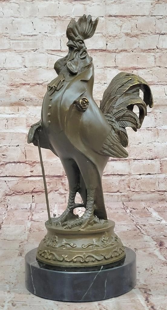 Victorian Rooster Gentleman Bronze Sculpture by Milo - 15'' x 7'': Victorian Rooster Gentleman Bronze Sculpture by Milo - 15" x 7" This delightful bronze sculpture by Milo captures a rooster transformed into a Victorian-era gentleman, complete with a tailored t