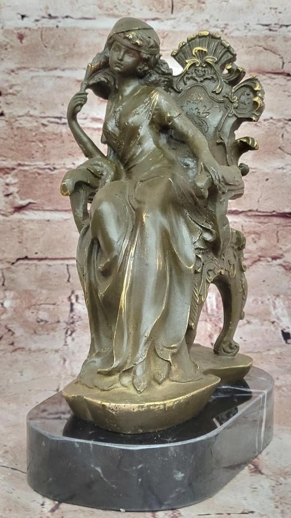 Seated Lady in Ornate Chair Bronze Sculpture by Cesaro - 9.5'' x 7.5'': Seated Lady in Ornate Chair Bronze Sculpture by Cesaro - 9.5" x 7.5" This original bronze sculpture by Cesaro exquisitely depicts a graceful maiden seated thoughtfully in an elegant chair, embod