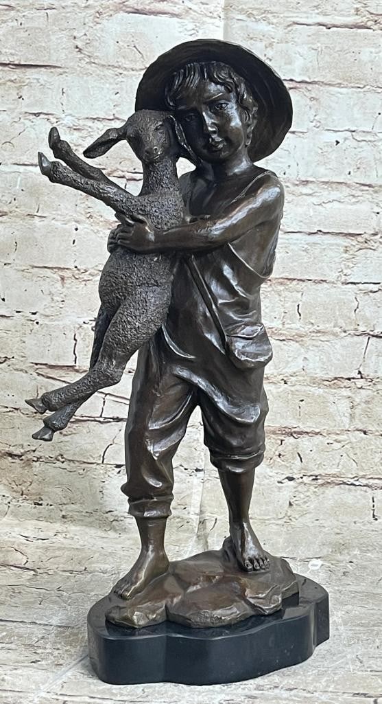 Little Boy Holding Lamb Original Bronze Statue - 15'' x 7'': Little Boy Holding Lamb Original Bronze Statue - 15" x 7" Embrace the rustic charm of the Young Farm Boy & His Sheep bronze statue, a timeless tribute to rural life and innocence. Meticulously h