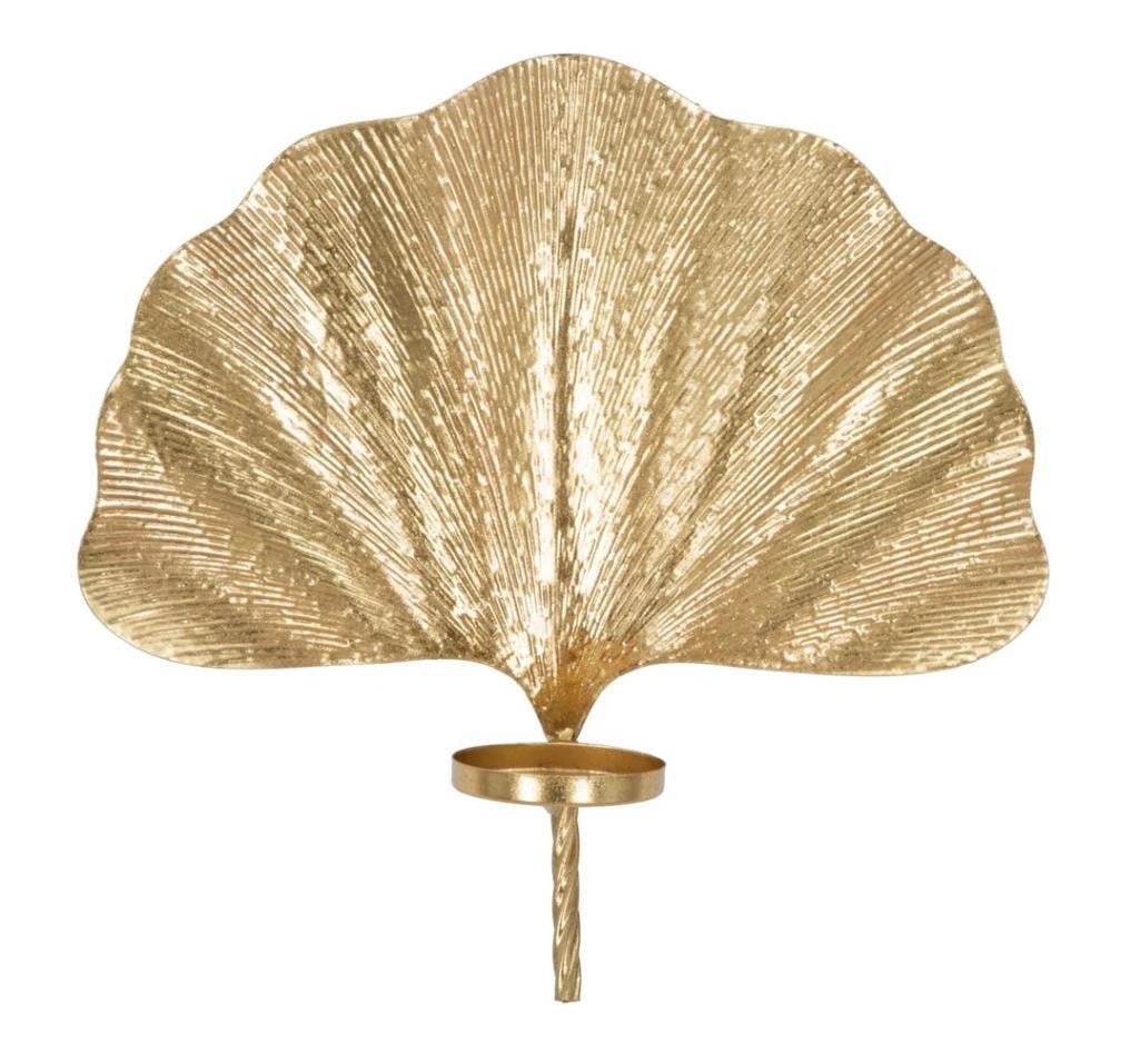Golden Metal Large Leaf Wall Candle Holder: Golden Metal Large Leaf Wall Candle Holder This elegant wall candle holder features a gilded metal design inspired by the natural shape of a leaf. Perfect for adding a touch of nature and sophisticati