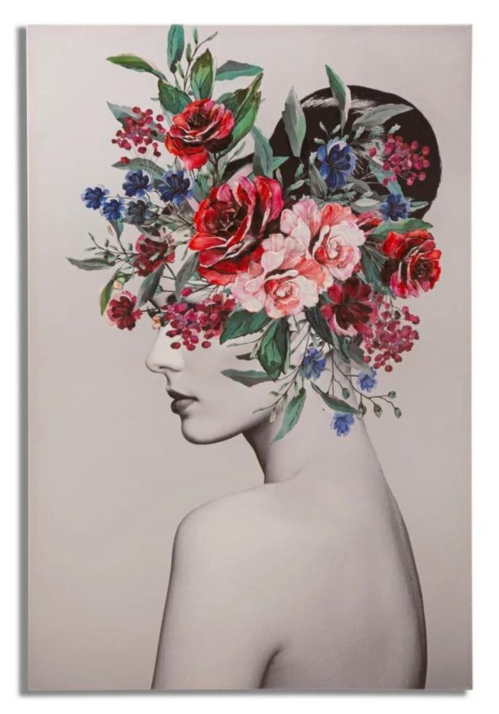 Modern Canvas Painting of a Lady with Flowers: Modern Canvas Painting of a Lady with Flowers This print brings color and character to any room, featuring a striking portrait of a woman adorned with intricate painted floral details. Designed to add