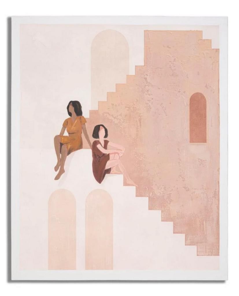 Brown Abstract Boho Chic Women on Stairs - Hand-Finished Canvas Painting: Brown Abstract Boho Chic Women on Stairs - Hand-Finished Canvas Painting This captivating canvas painting features an abstract portrayal of two women seated on stairs, rendered in warm brown tones tha